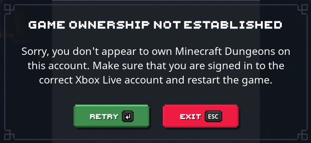 Propriété du jeu d'erreur Minecraft Microsoft