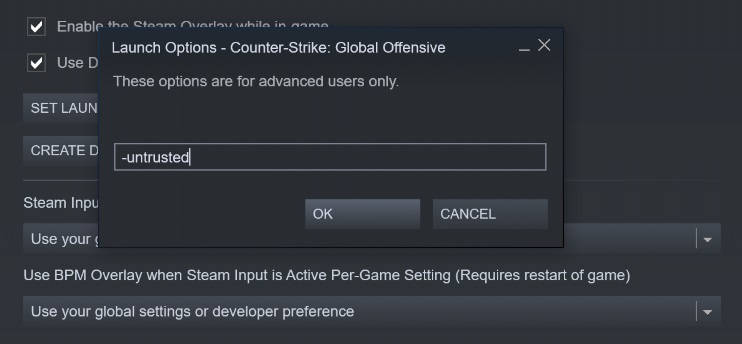 CS: GO Trusted Mode comment désactiver les options de lancement Valve