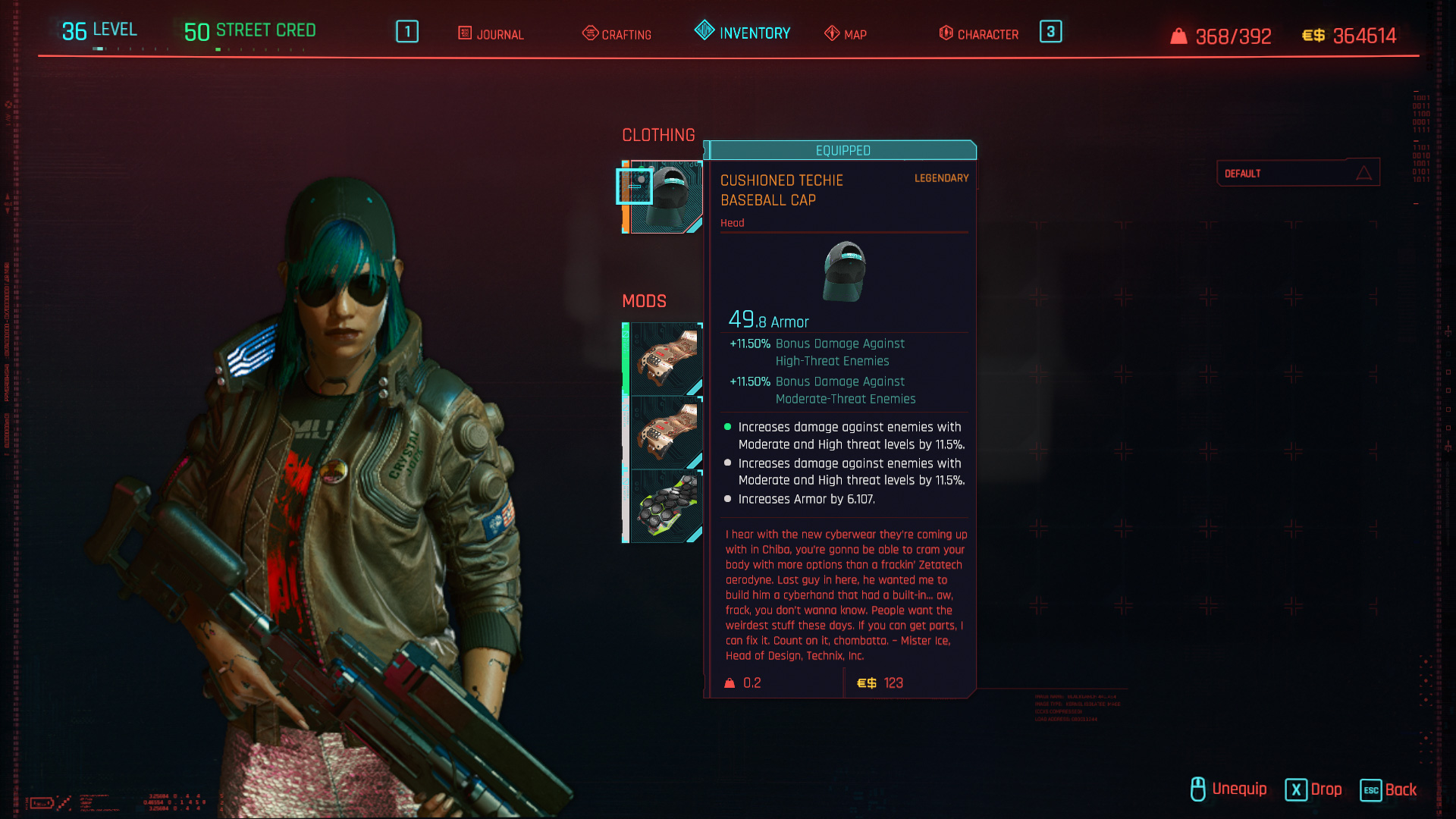 Tous les vêtements légendaires et emblématiques de Cyberpunk 2077 - Casquette de baseball rembourrée Techie