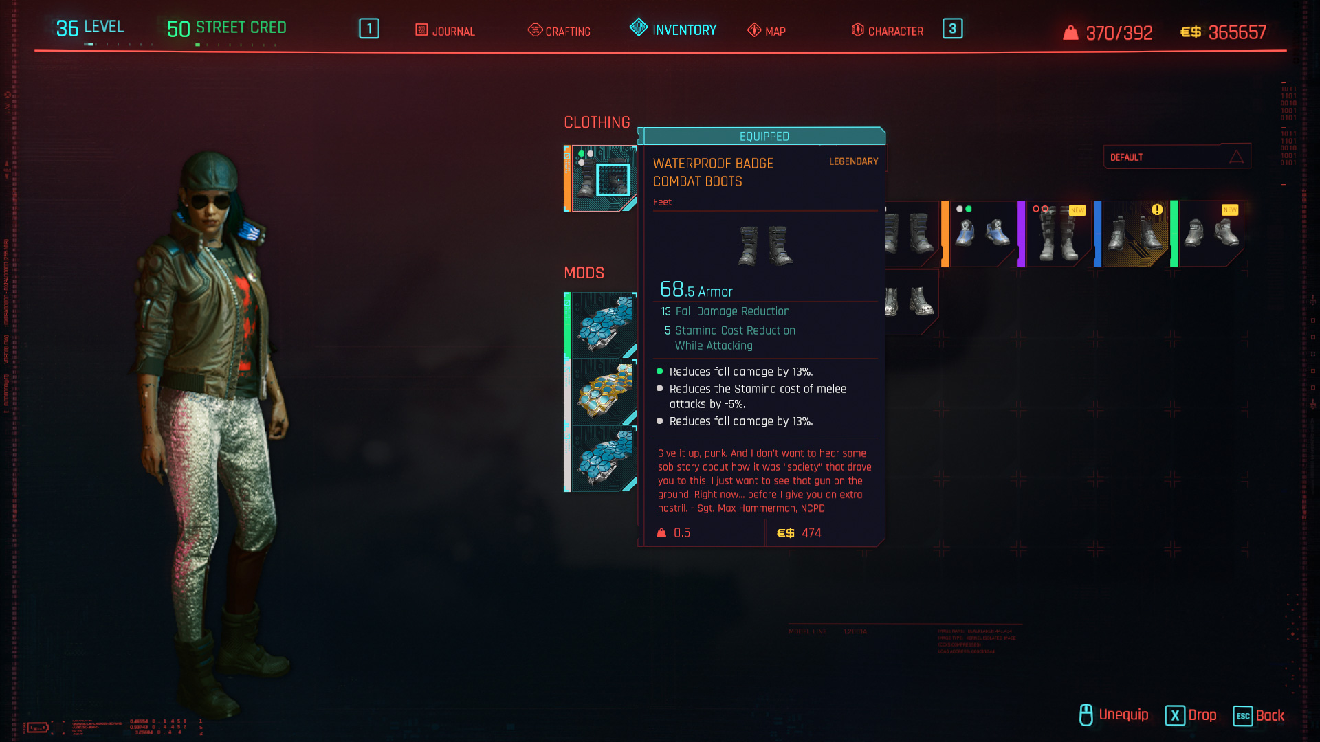 Tous les vêtements légendaires et emblématiques de Cyberpunk 2077 - Bottes de combat imperméables avec badge