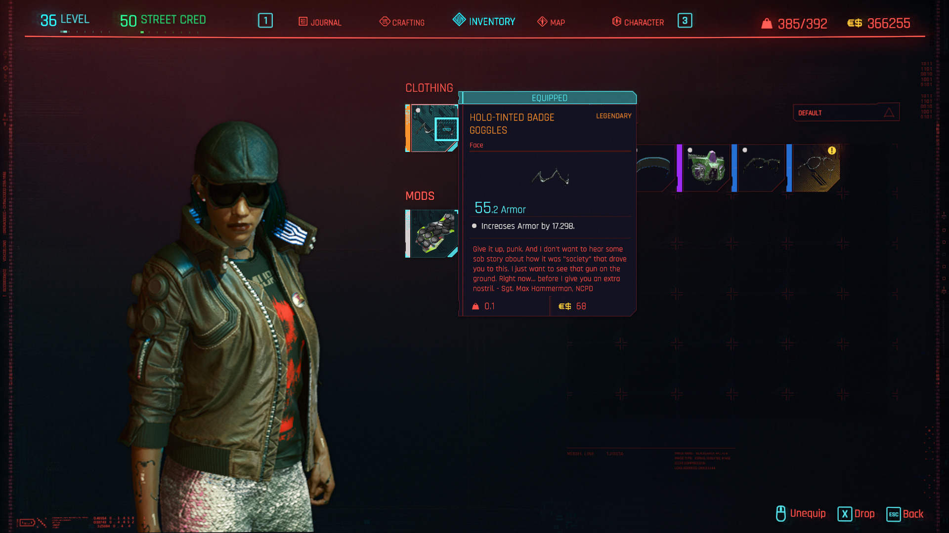 Tous les vêtements légendaires et emblématiques de Cyberpunk 2077 - Lunettes de protection avec badge teinté Holo
