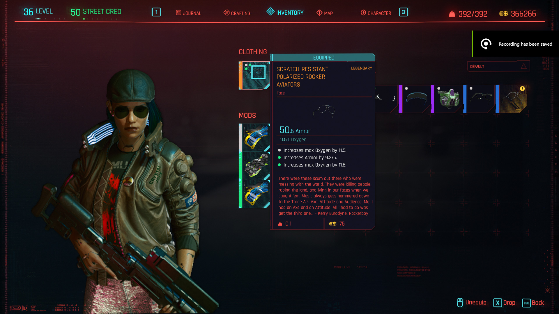 Tous les vêtements légendaires et emblématiques de Cyberpunk 2077 - Aviateurs à bascule polarisés résistants aux rayures