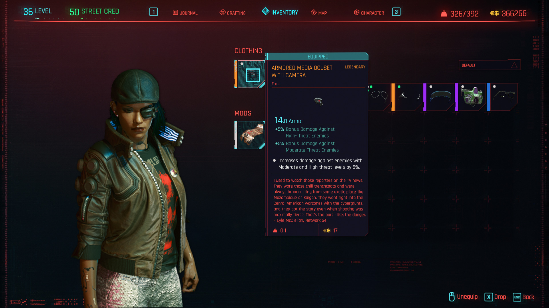 Tous les vêtements légendaires et emblématiques de Cyberpunk 2077 - Armored Media Ocuset avec caméra