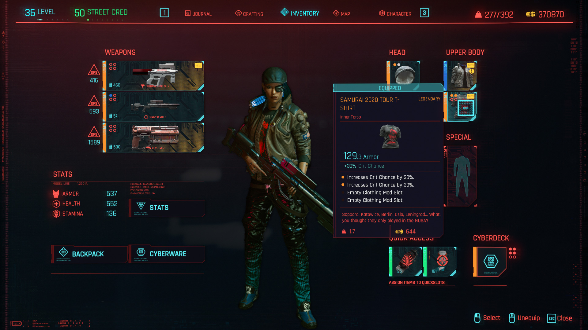 Tous les vêtements légendaires et emblématiques de Cyberpunk 2077 - T-shirt Samurai 2020 Tour