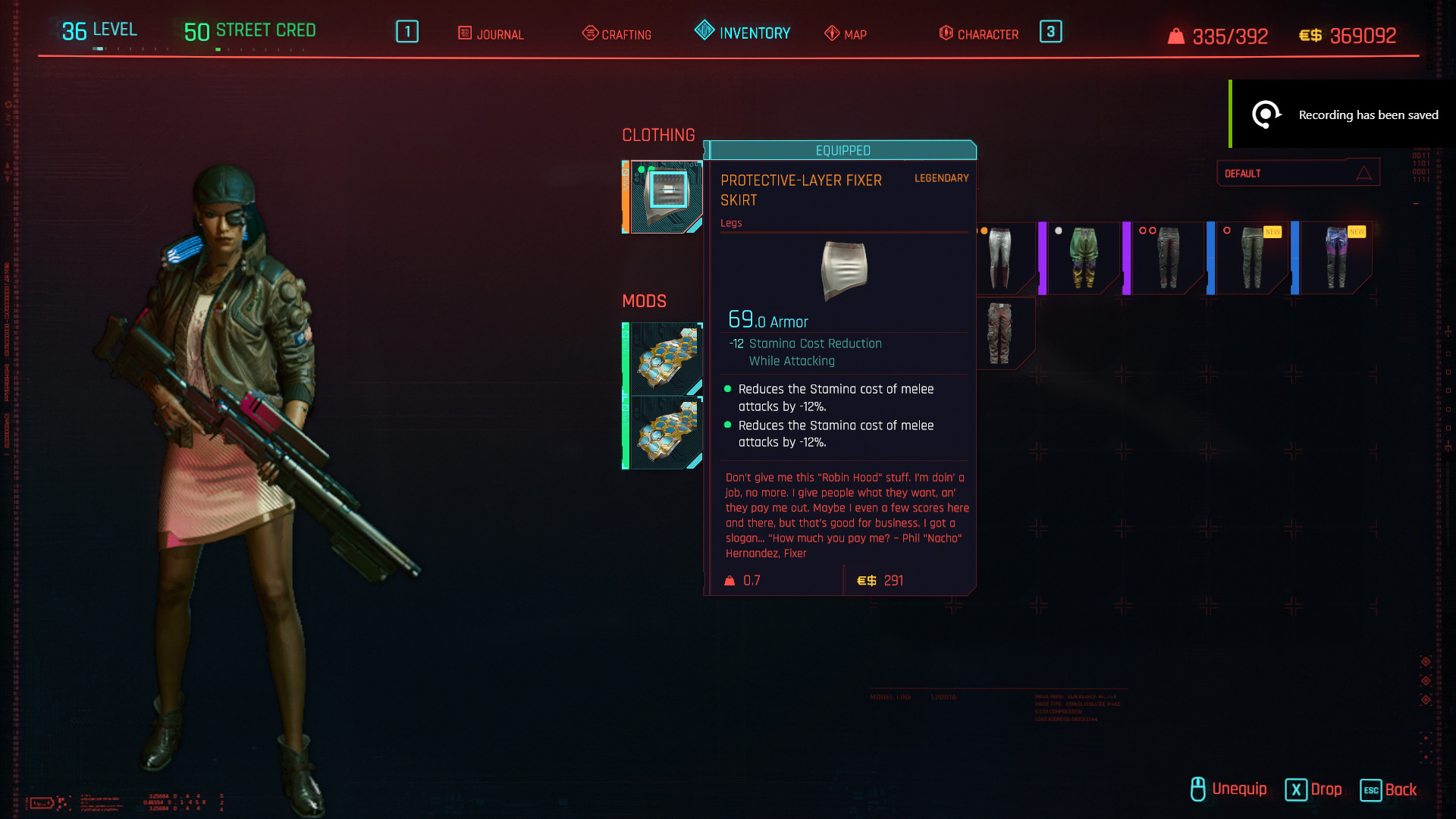 Tous les vêtements légendaires et emblématiques de Cyberpunk 2077 - Jupe ou pantalon de fixation de couche de protection