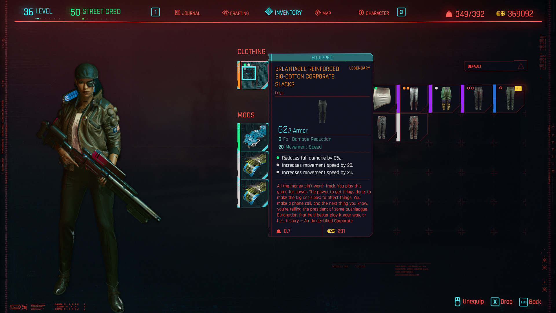 Tous les vêtements légendaires et emblématiques de Cyberpunk 2077 - Pantalon d'entreprise respirant en bio-coton renforcé