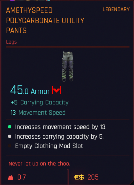 Tous les vêtements légendaires et emblématiques de Cyberpunk 2077 - Pantalon utilitaire en polycarbonate Amethyspeed