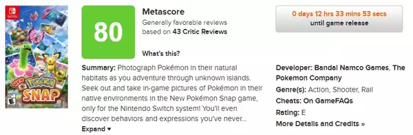 Nouveau score moyen métacritique des critiques de Pokémon Snap