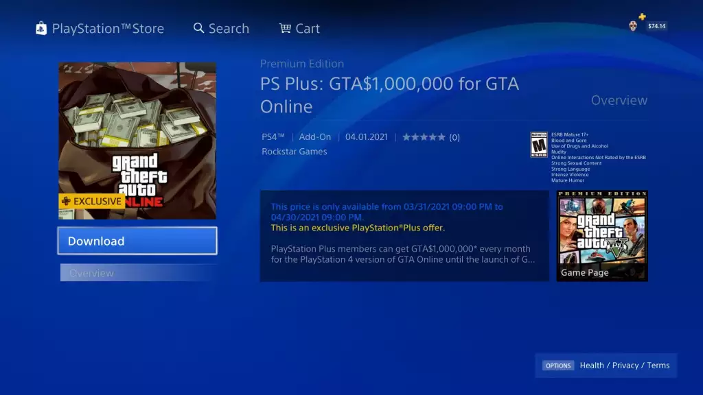 GTA Online 1 million de dollars d'argent gratuit avec PS Plus