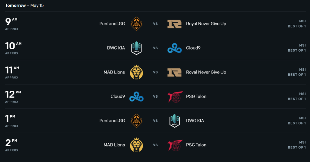 League of Legends - Programme MSI Rumble Day 2 15 mai 2021