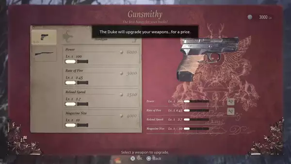 Resident Evil Village Comment améliorer les armes à feu coûte Emporium Lei de Duke