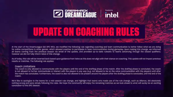 DreamHack ESL Dota 2 Coaching Cheating Alliance Modifications des règles de valve DPC