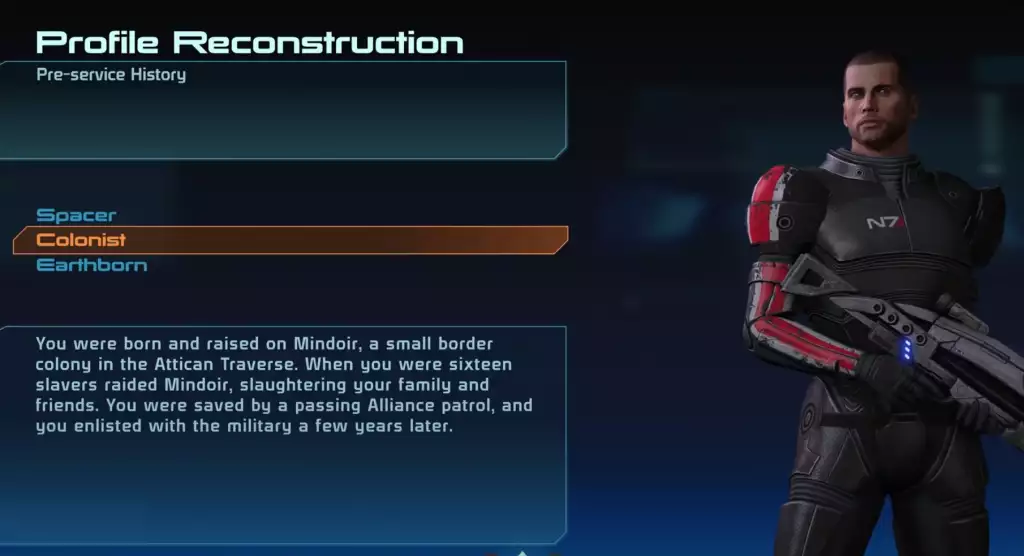 Espaceur d'historique de pré-service Mass Effect, Earthborn ou Colonist