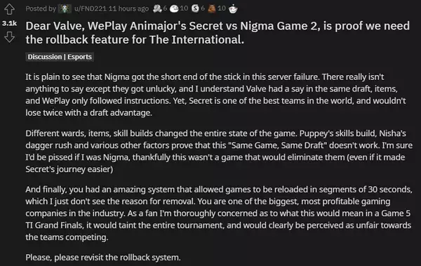 Dota 2 rollback fonctionnalité weplay animajor rematch secret nigma the international 10 valve