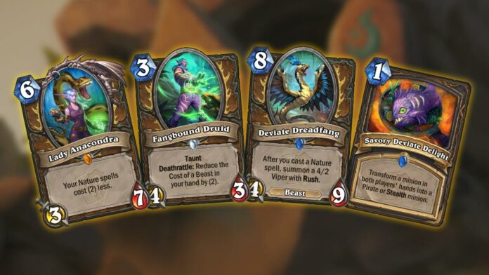 Hearthstone Wailing Caverns Druid cards Druide Fangbound, Deviate Dreadfang et Rogue's Savoury Deviate Delight
