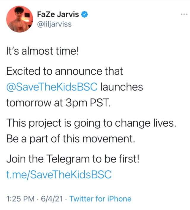 faze jarvis tweet savethekids token scam crypto pump and dump