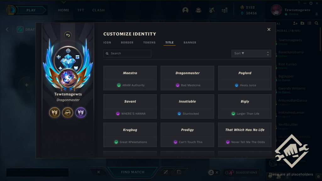 Titres des joueurs du système de personnalisation de l'identité de League of Legends