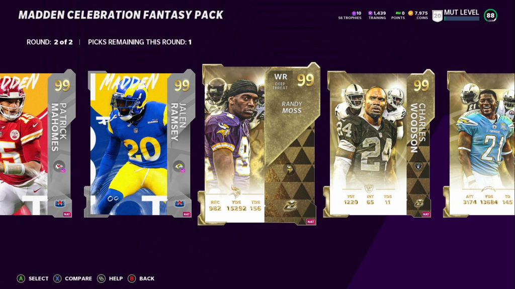 Écran de sélection du joueur Madden Celebration Fantasy Pack