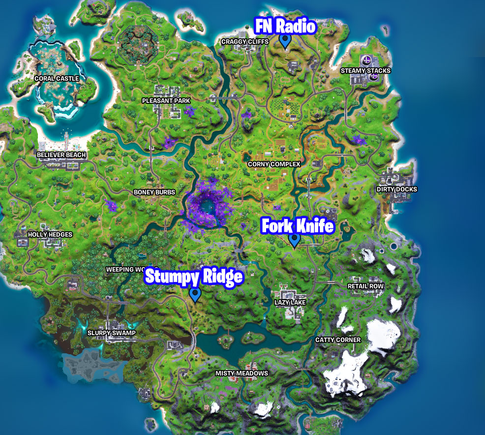 Carte Fortnite: Radio FN, Camion de nourriture Fork Knife, Stumpy Ridge