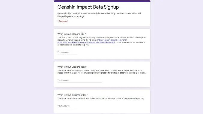 Formulaire d'inscription au programme bêta de Genshin Impact