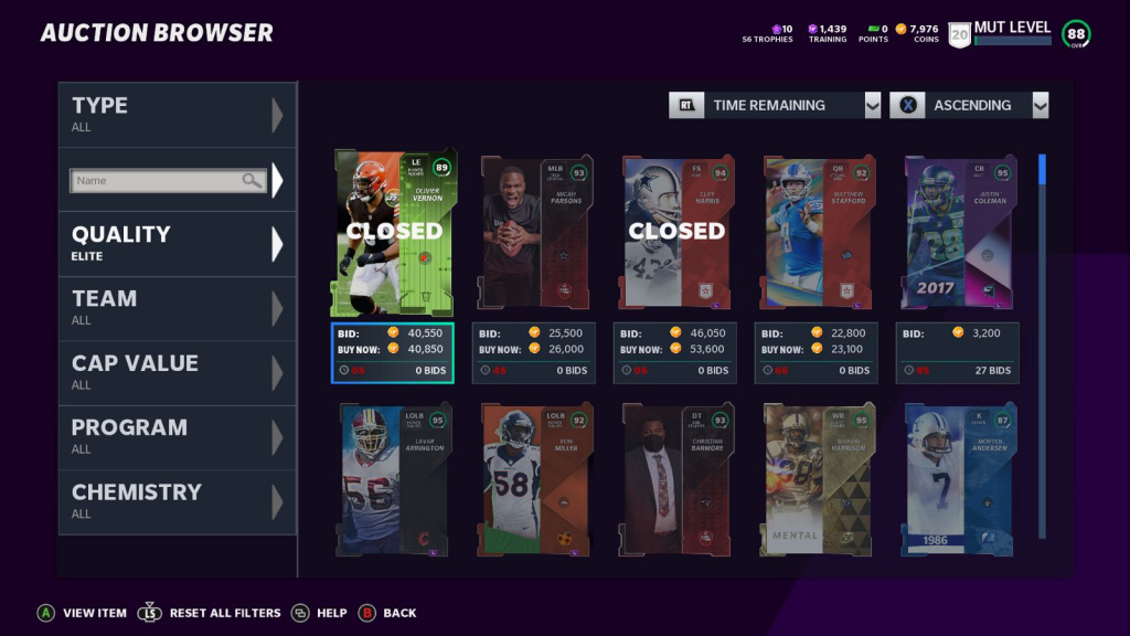 Menu des enchères Madden 21