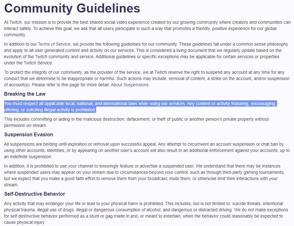 directives de la communauté Twitch sur la violation de la loi