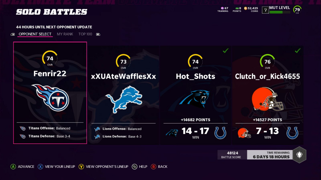 Sélection de l'adversaire de Madden 22 Solo Battles