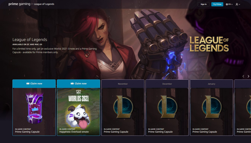 Page de récompenses de League of Legends Prime Gaming