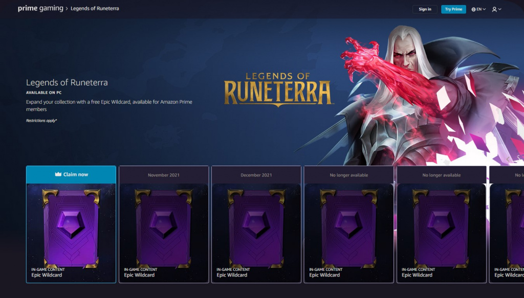 Page de récompenses de Legends of Runeterra Prime Gaming