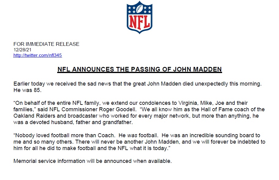 John Madden décède, cause de la mort des matchs de football de la NFL à Madden