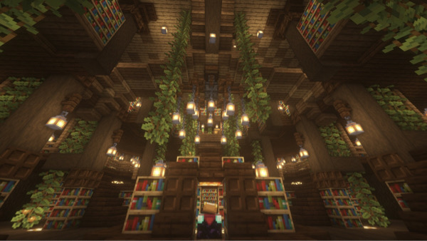 minecraft construit l'arbre de vie yggdrasil à l'intérieur de la bibliothèque