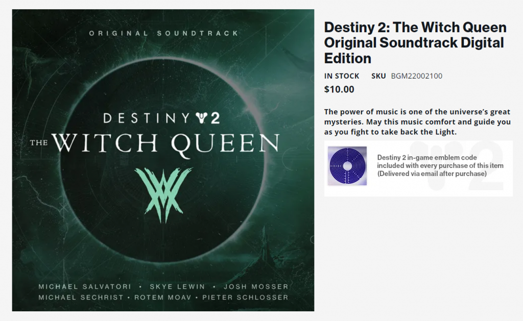 Destiny 2: The Witch Queen Original Soundtrack Digital Edition coûte 10 $