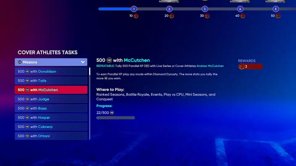 Capture d'écran des missions du programme des athlètes de couverture MLB The Show 22