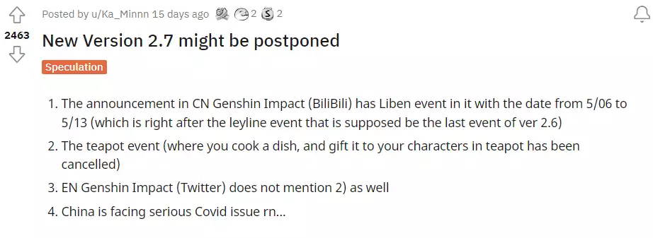 Spéculations concernant le retard de la mise à jour Genshin Impact 2.7.