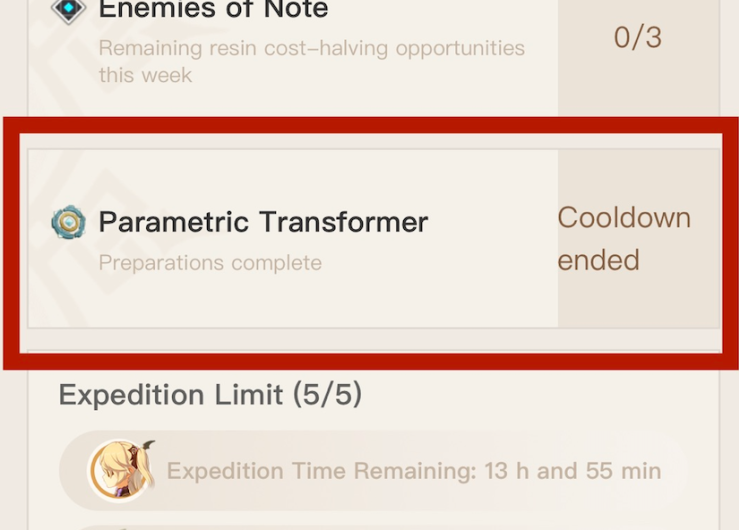 Vous pouvez maintenant vérifier la progression du CD Parametric Transformer dans l'application HoYoLab.