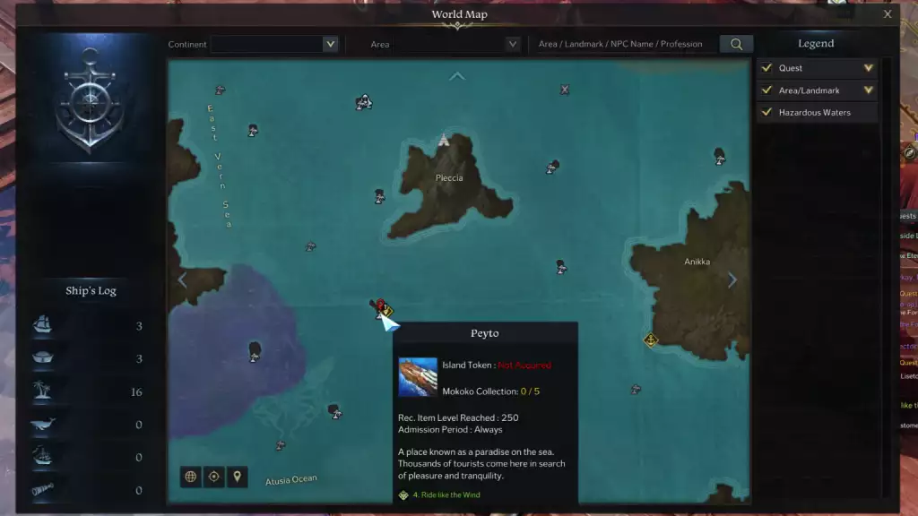 guide de l'île de l'arche perdue île de peyto carte du monde emplacement arkesia gienah mer nord vern lopang