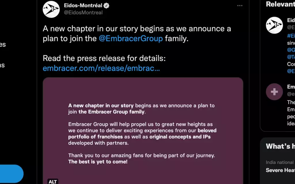 embrasser groupe square enix studio acquisition eidos montréal twitter tweeté post déclaration