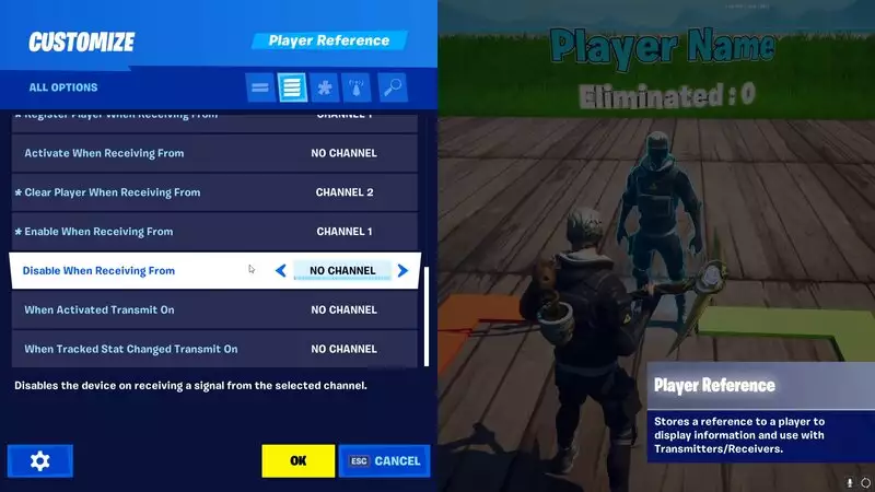 Options de l'appareil de référence Fortnite Creative Player pour la personnalisation des paramètres avancés et simples