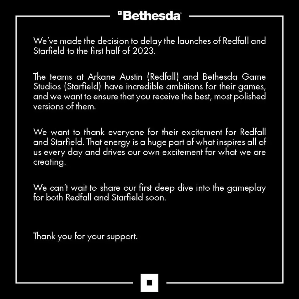bethesda starfield redfall date de sortie retardée médias sociaux xbox vitrine des jeux bethesda