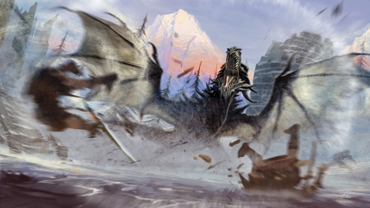 Scène de bataille de dragons dans Skyrim Elder Scrolls V