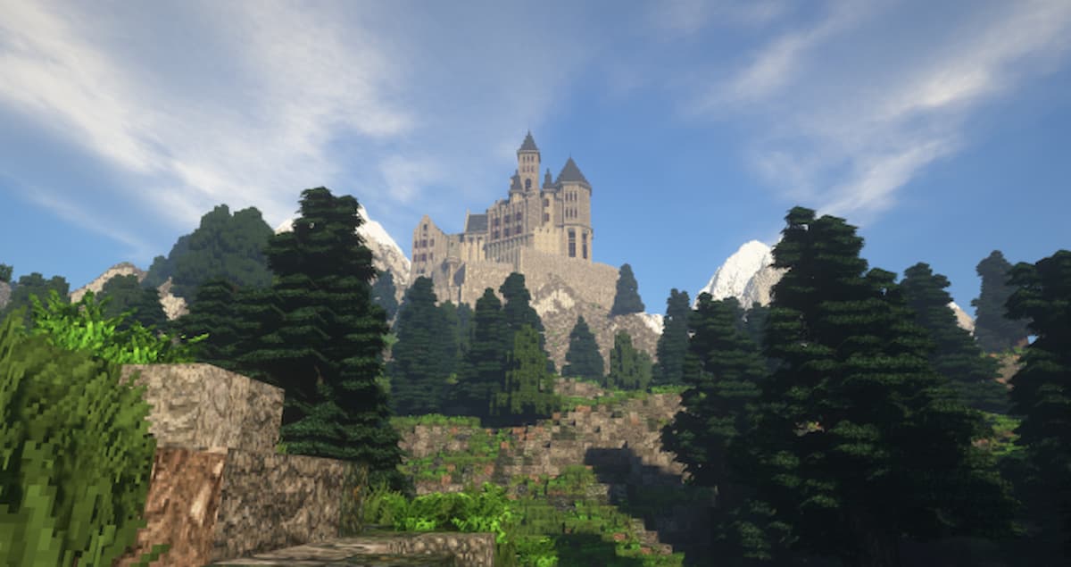 Capture d'écran du château au sommet d'une montagne Minecraft
