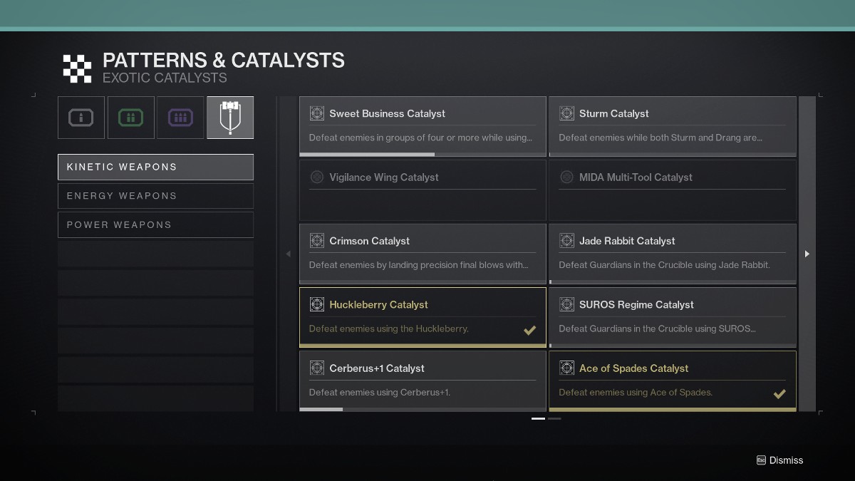 Destiny 2 comment obtenir le catalyseur Thorn - Menu Patterns and Catalysts, 