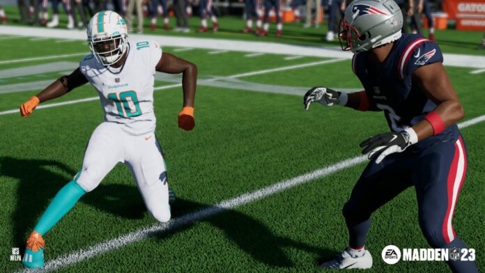 Madden nfl 23 screenshot of dolphins tyreek hill juking out defender