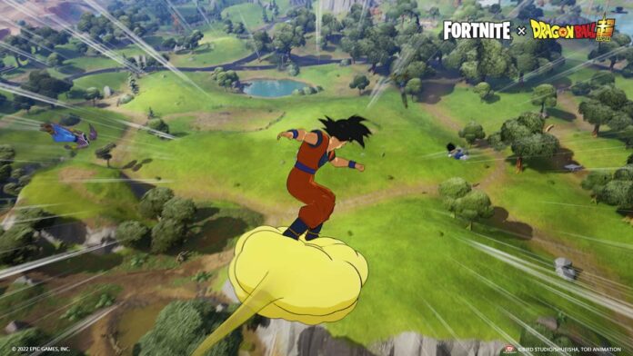 Dragon ball fortnite crossover image of goku flying in on nimbus cloud