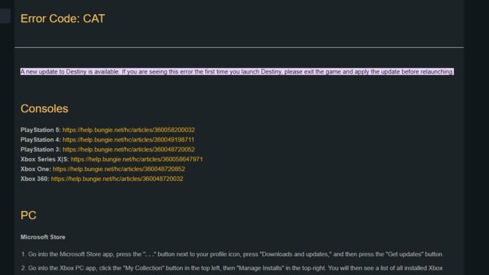 Destiny 2 error code CAT fix