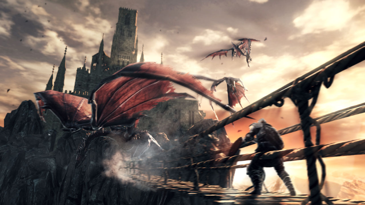 Dark souls 2 illustration de chevalier sur un pont entouré de dragons