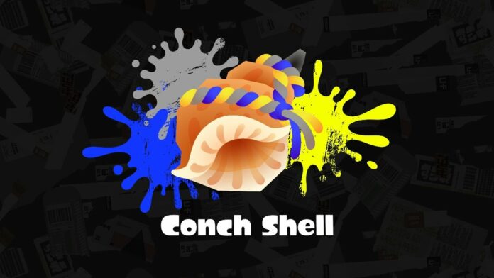 a conch shell with gray, blue, and yellow paint splotches behind it on a black background. below it white text are the words 