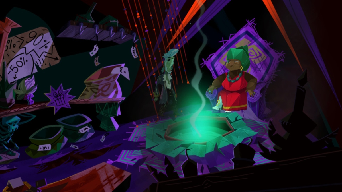 un Guybrush zombifié se dresse au milieu d'une boutique vaudou exiguë avec divers bols et statues sur les étagères à proximité.  une femme aux cheveux verts vêtue d'une robe rouge est assise sur un trône violet à proximité devant un chaudron rempli de liquide vert brillant