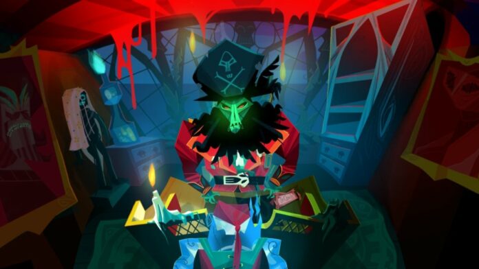 a large, glowing green skeleton with a bushy black beard a pirate hat stands behind a wooden desk in a ship cabin. across the desk is a blue, glowing figure with transparent skin. the ceiling overhead is dripping with a red, bloodlike substance.