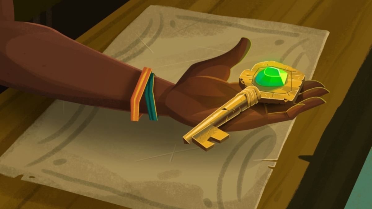 une main à la peau foncée tend une clé en or sur un comptoir.  la poignée de la clé est gravée d'une gemme verte 